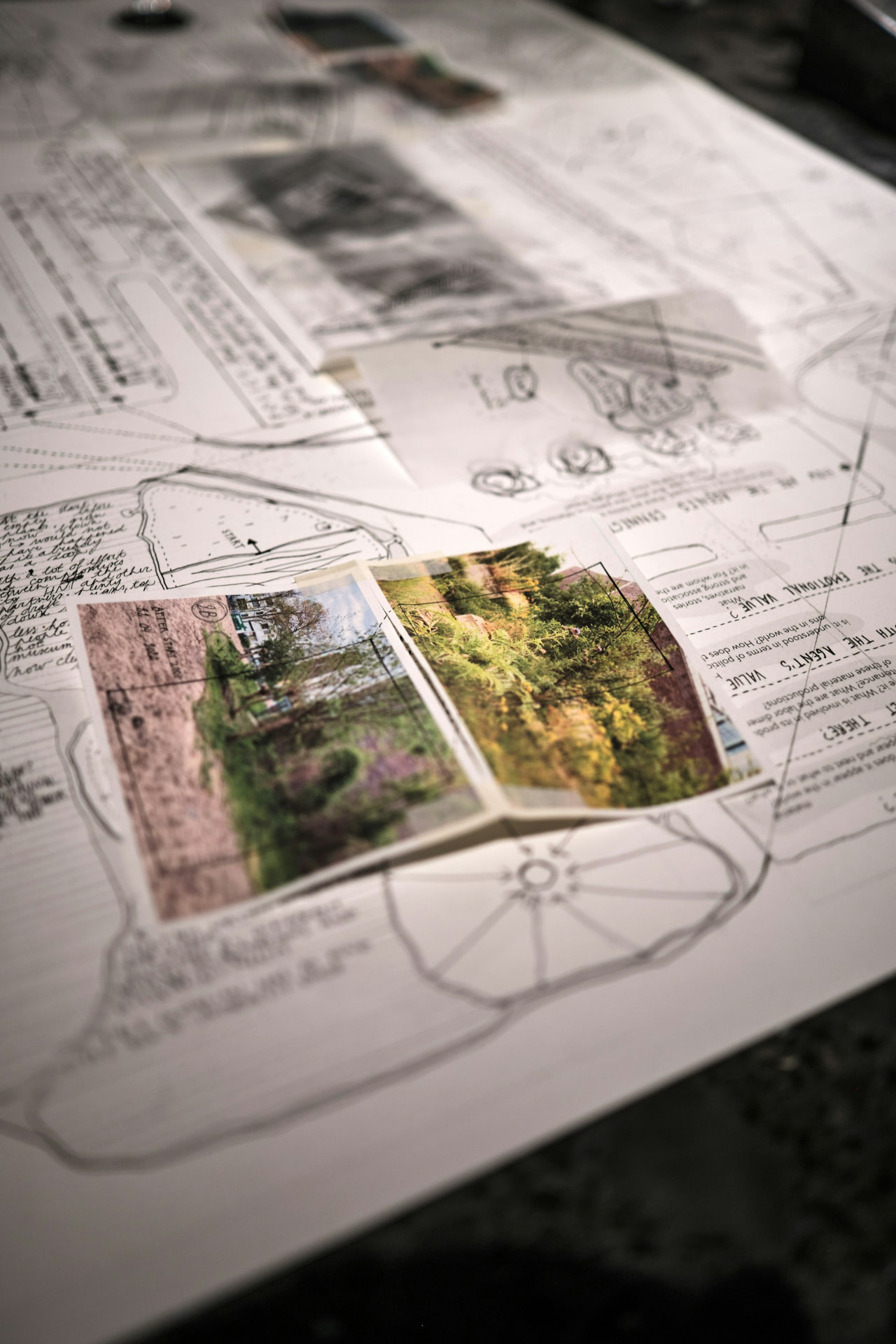 Moody angled close-up of hand-drawn landscape plans with printed yard photos tucked on top