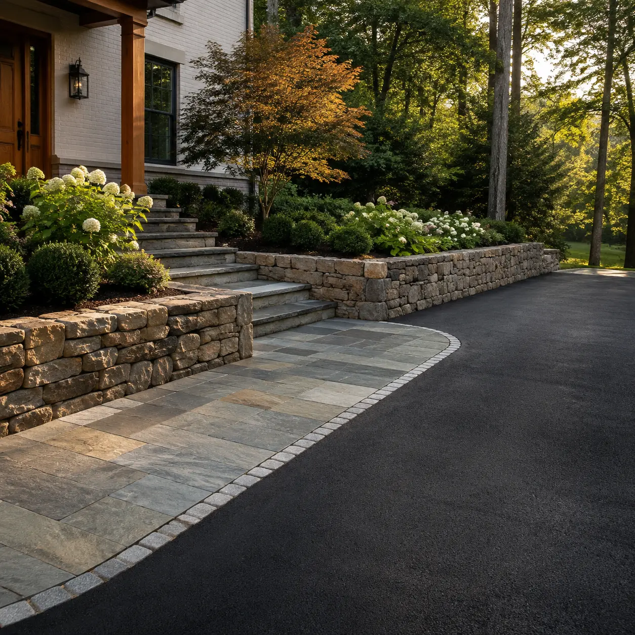 Flagstone walkway and stacked-stone retaining wall bordering a driveway