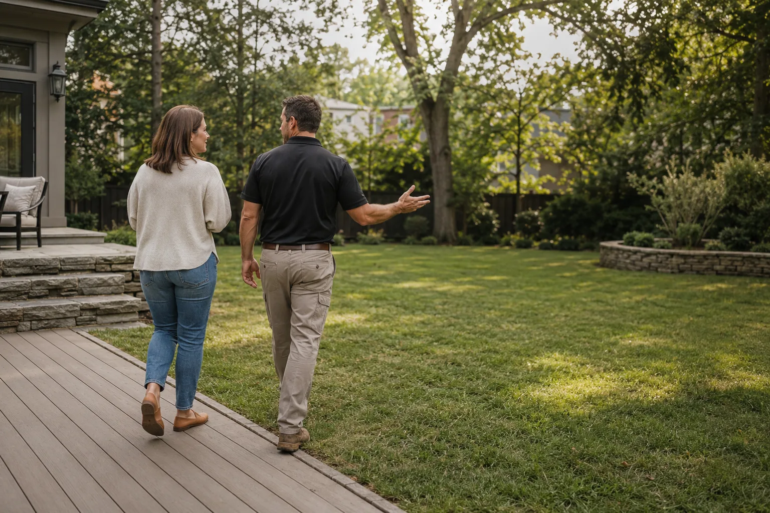 A contractor and homeowner walking a backyard together, talking through the space